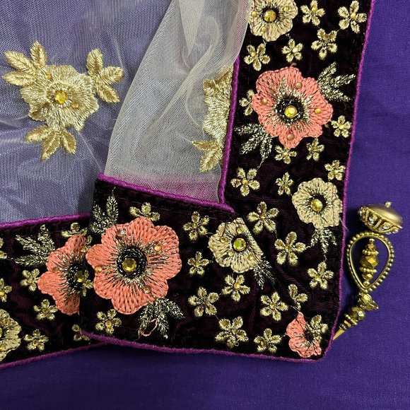 Grand Wine Coloured Lehenga Embellished with Pink and Gold Embroidered Flowers - Picture 13 of 17